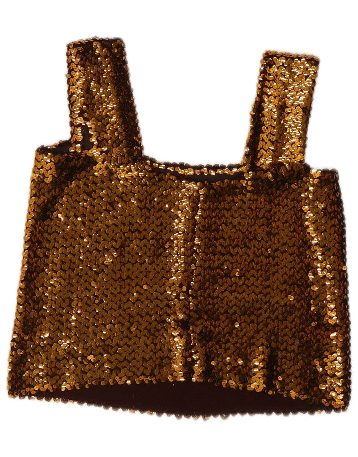 Top crop cu paiete fără mâneci vintage pentru femei UK 12 Medium Gold