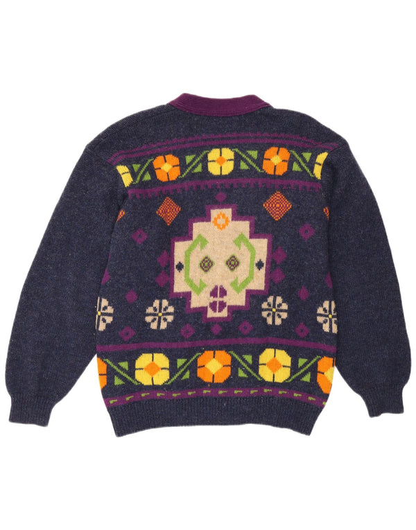 Pulover cardigan pentru femei Benetton UK 14 Medium Bleumarin Geometric Retro