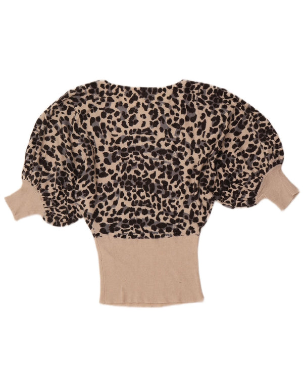Bluză vintage pentru femei cu mâneci 3/4 de top UK 10 mic bej viscoză cu imprimeu animal