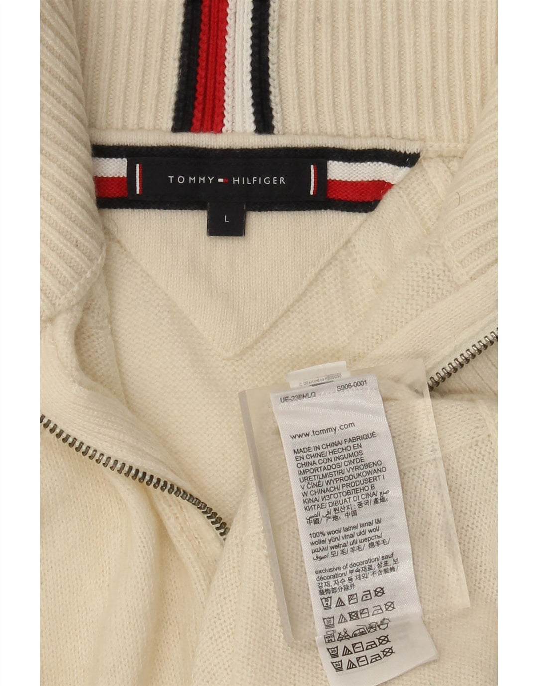 Pulover pentru bărbați Tommy Hilfiger, cu fermoar și gât, lână mare, albă