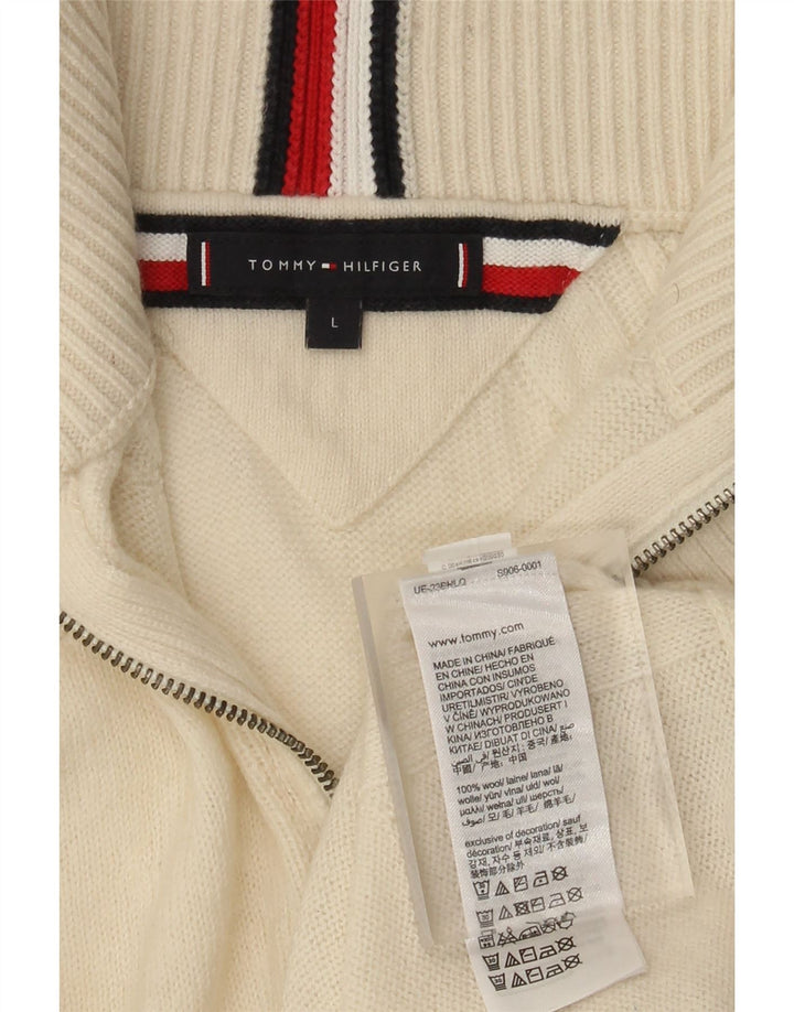 Pulover pentru bărbați Tommy Hilfiger, cu fermoar și gât, lână mare, albă