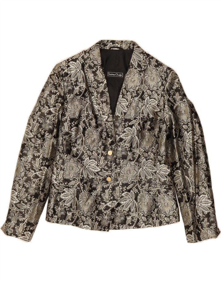 VINTAGE Womens 2 Button Blazer Jacket UK 14 Large Silver Floral Acetate Vintage Vintage and Second-Hand Vintage from Messina Hembry 