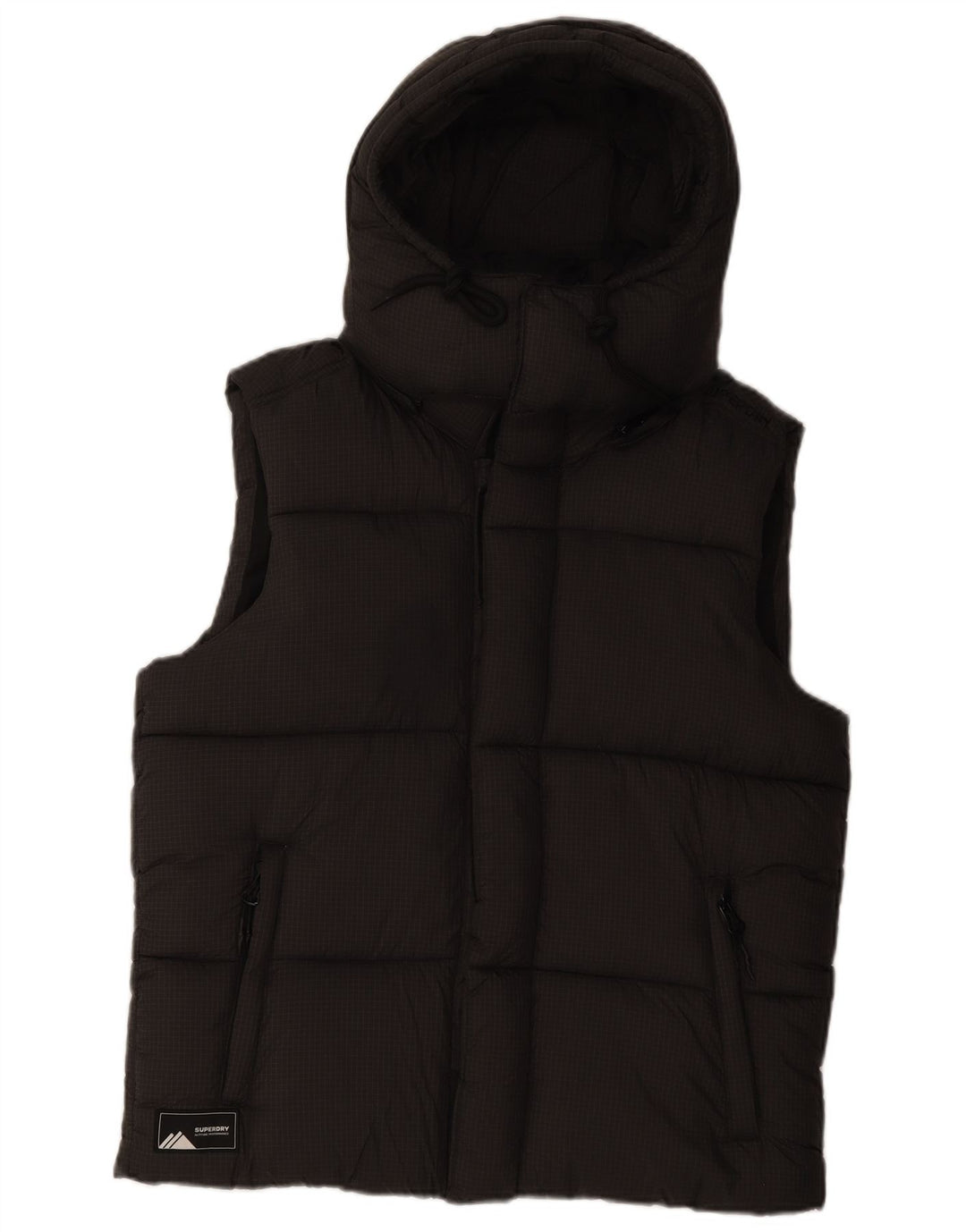 Gilet căptușit cu glugă pentru bărbați Superdry UK 38, nailon cu carouri, gri mediu