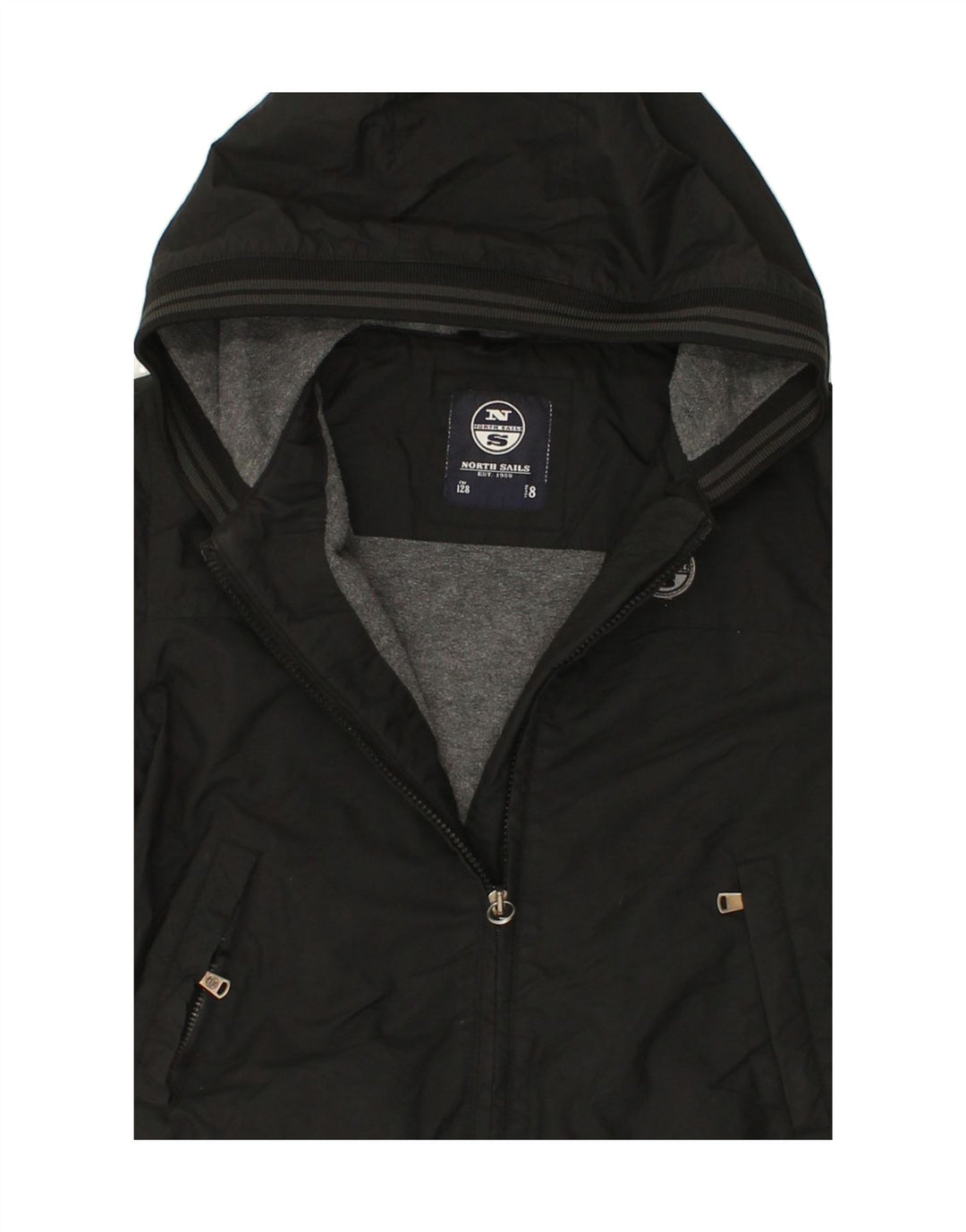 NORTH SAILS Boys Hooded Bomber Jacket 7-8 Years Black Polyester Vintage North Sails and Second-Hand North Sails from Messina Hembry 