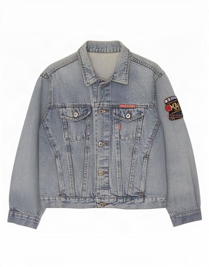 Jachetă de denim cu grafică vintage pentru femei UK 12 Medium Blue