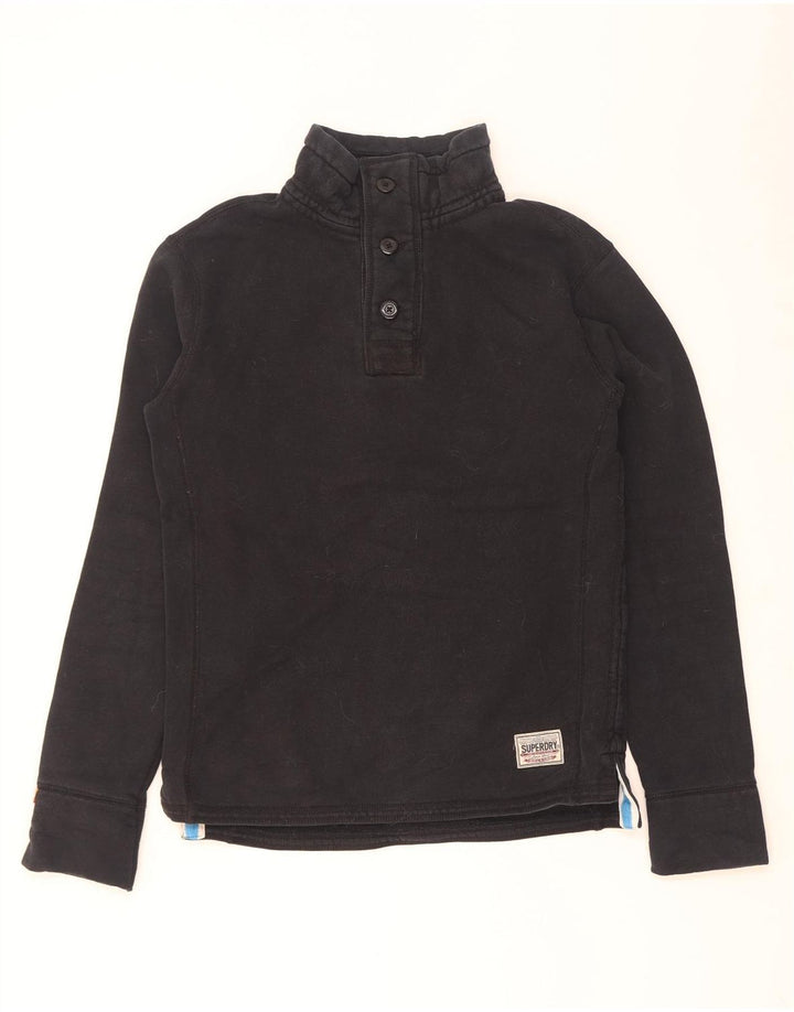 Pulover pentru bărbați Superdry, cu grafică, cu gât cu nasturi, bumbac mediu negru