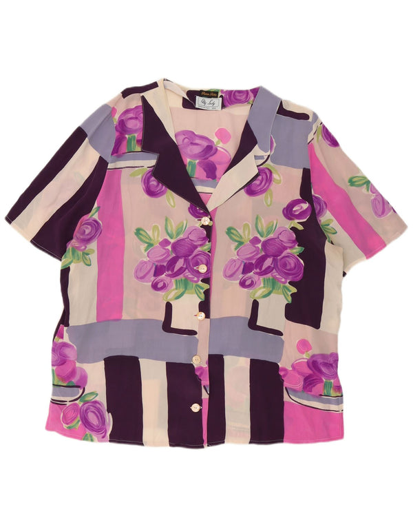 Bluză de cămașă cu mânecă scurtă pentru femei vintage UK 18 XL, mov, mătase florală