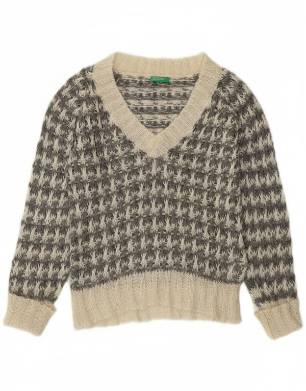 Pulover Benetton pentru femei cu decolteu în V UK 14 Medium Gri Houndstooth