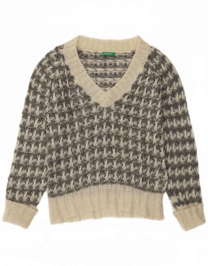 Pulover Benetton pentru femei cu decolteu în V UK 14 Medium Gri Houndstooth