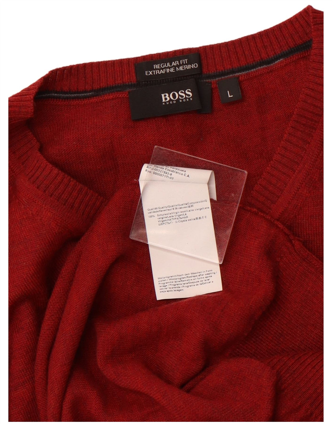 Pulover cu decolteu în V HUGO BOSS pentru bărbați, lână virgină mare roșie