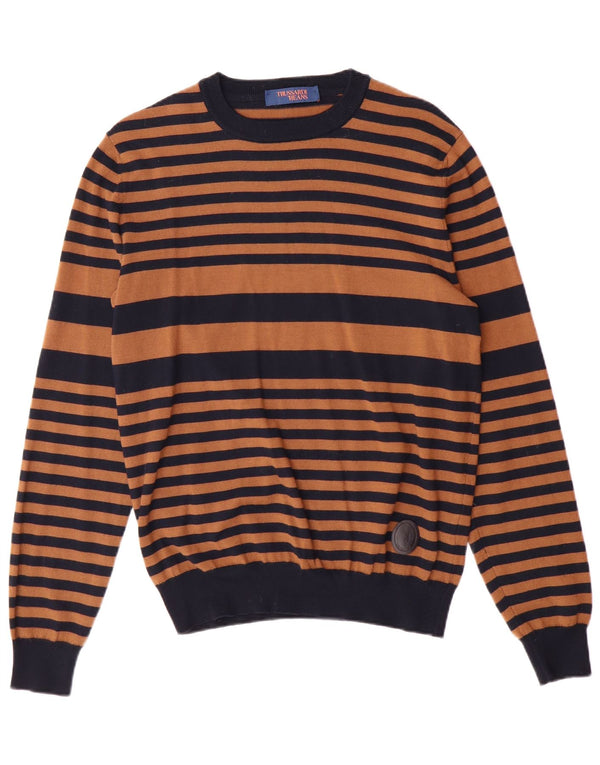 Trussardi Jeans Mens Crew Neck Jumper Sweater Medium Brown Striped Acrylic