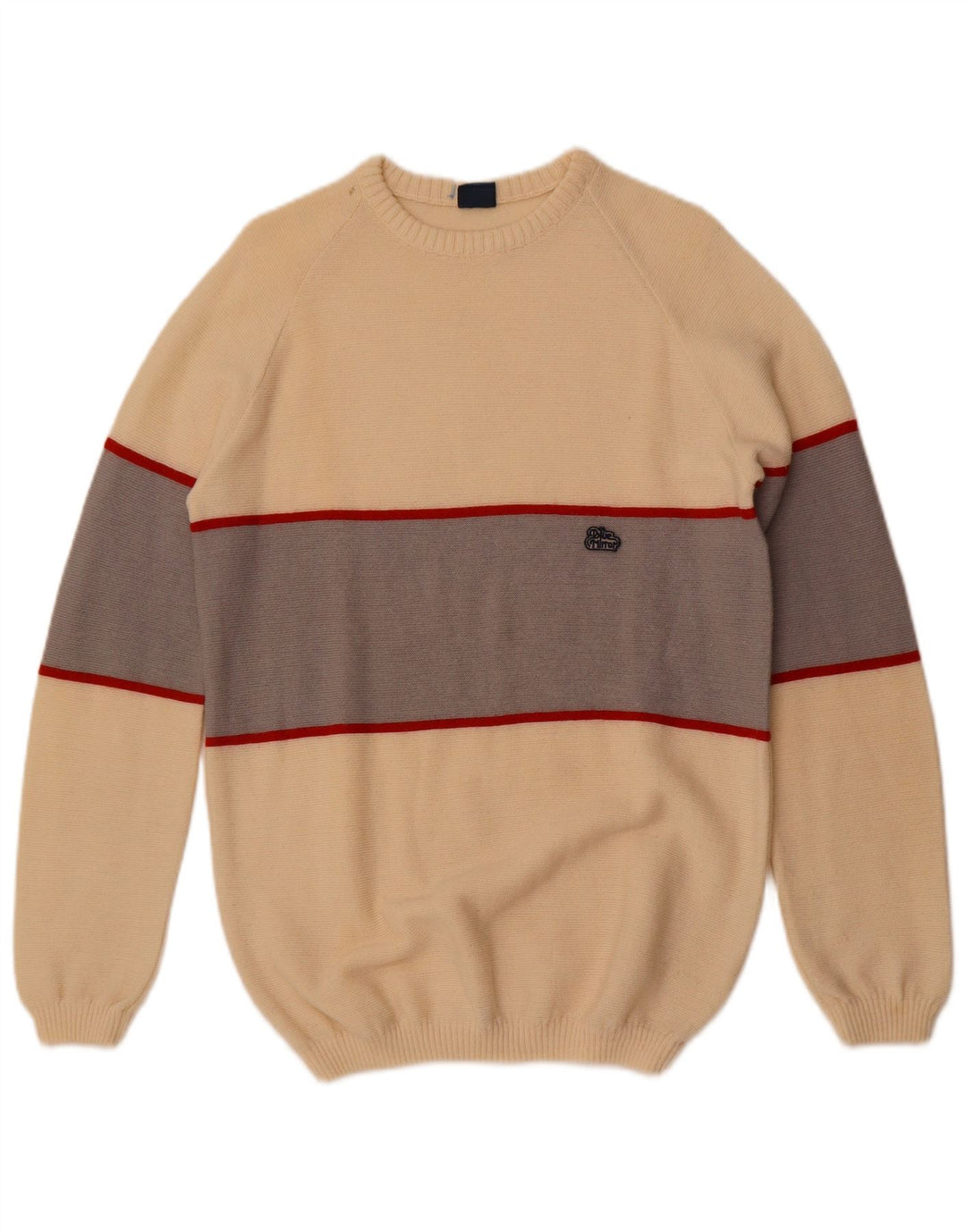 Pulover vintage pentru bărbați cu gât roșu, mic din lână colorblock alb