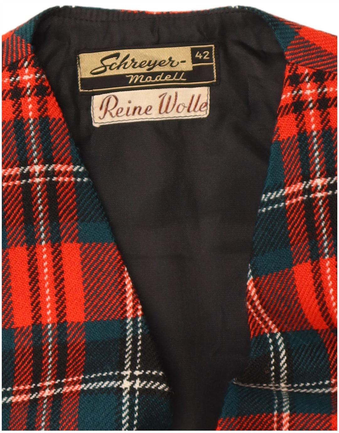 VINTAGE Vestă crop pentru femei EU 42 Lână virgină în carouri roșie mare