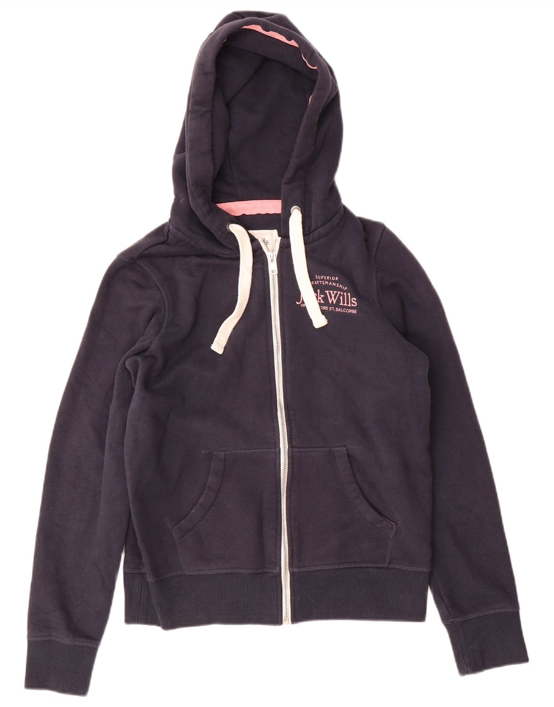 JACK WILLS Pulover cu glugă cu fermoar cu grafic pentru femei UK 8 Bumbac bleumarin mic