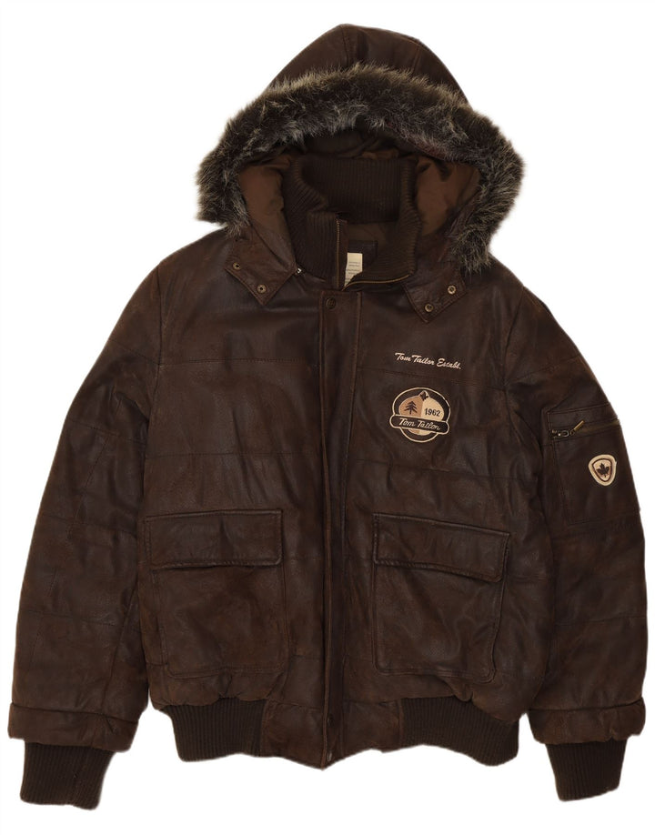 Jachetă Bomber din piele grafică pentru bărbați Tom Tailor UK 40, maro, mare