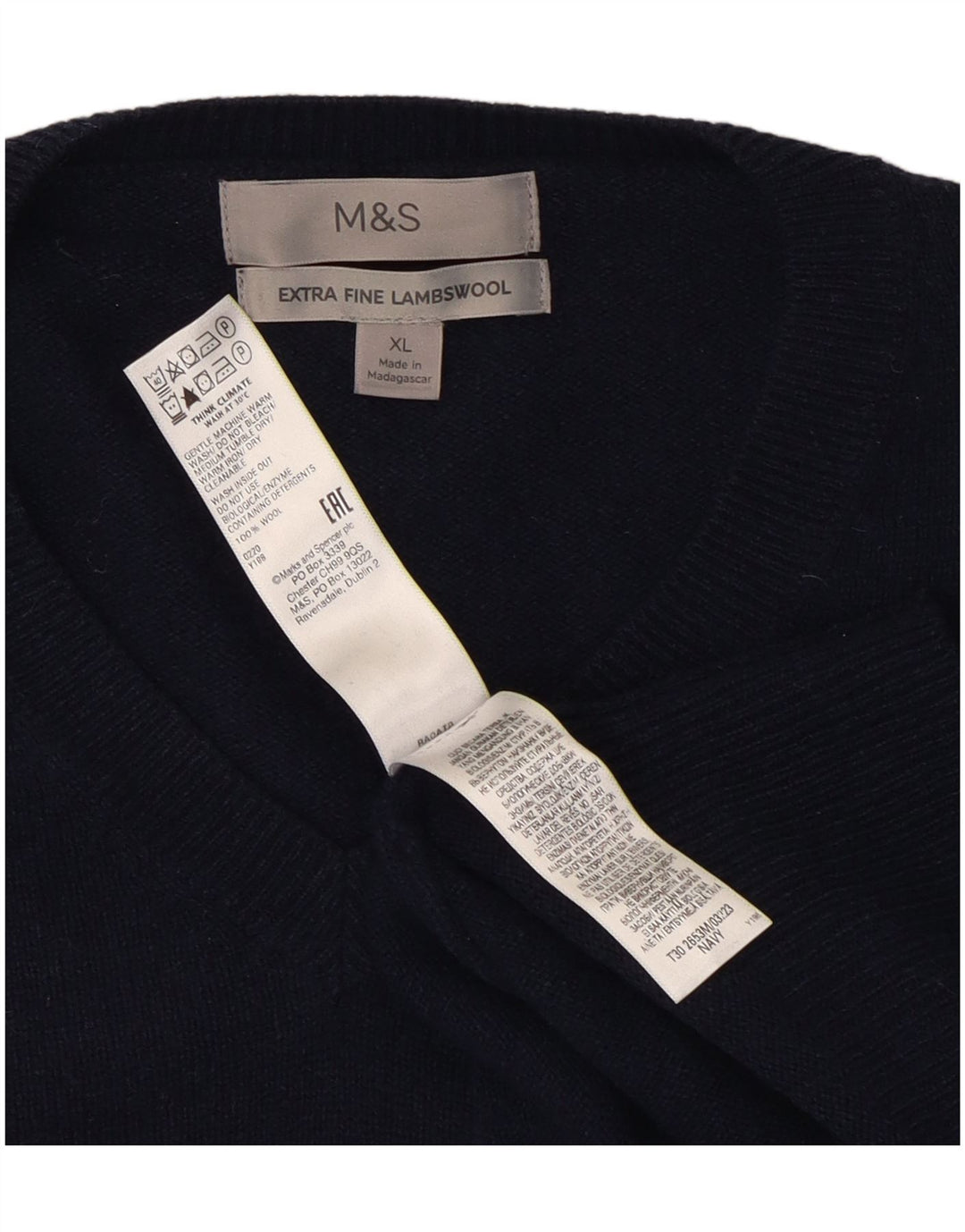 Pulover pentru bărbați Marks & Spencer, cu decolteu în V, XL, lână bleumarin