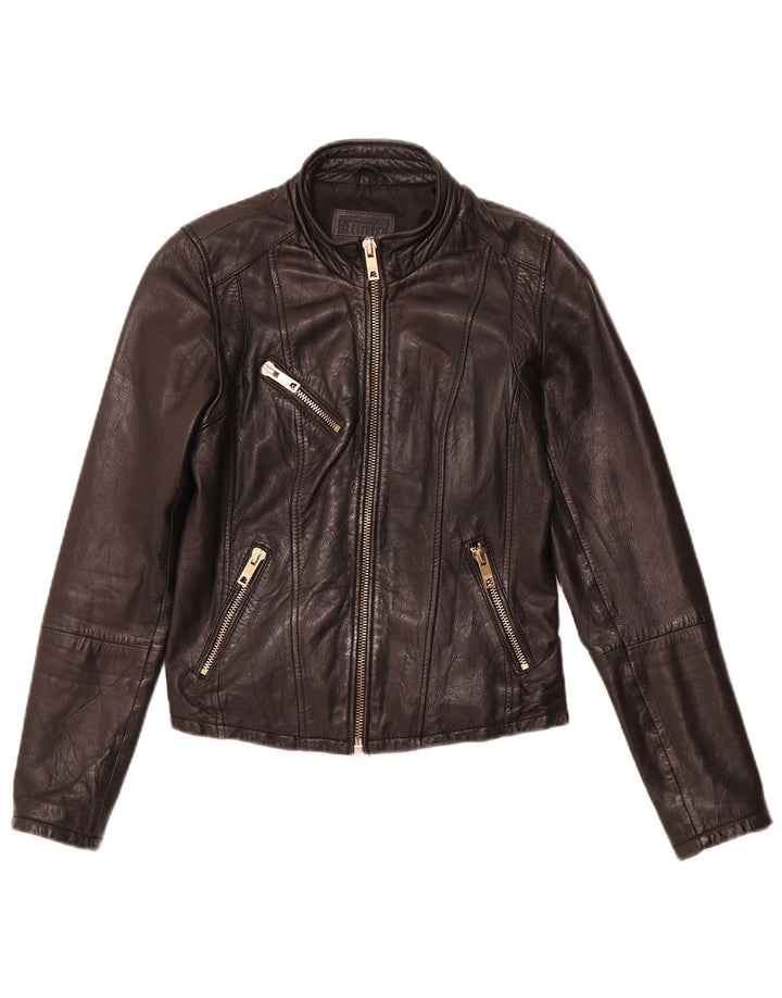 Jachetă de piele BERSHKA pentru femei UK 12 Medium Black Leather