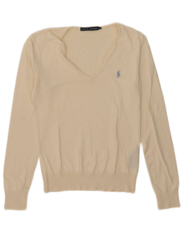 Pulover pentru femei Ralph Lauren, cu decolteu în V, UK 12, bumbac mediu alb