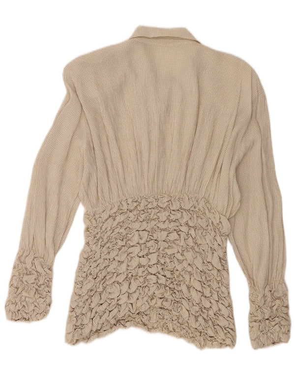 Bluză vintage pentru femei cu mâneci lungi Top UK 10 Small Beige Check Acetat