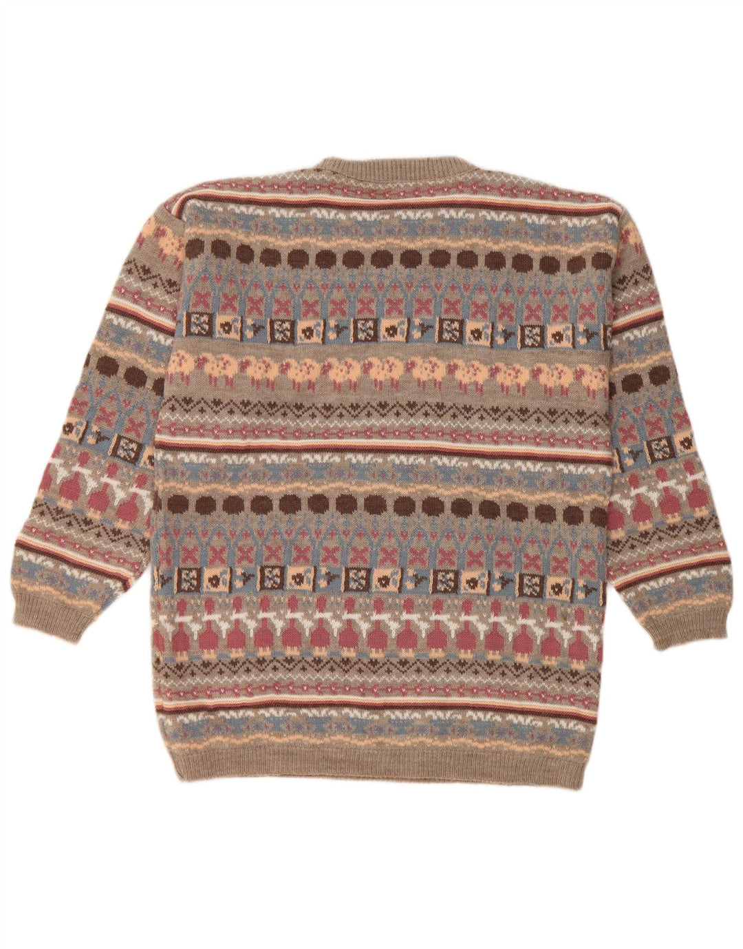 Pulover vintage pentru femei cu decolteu triplu UK 14 Medium Bej Geometric