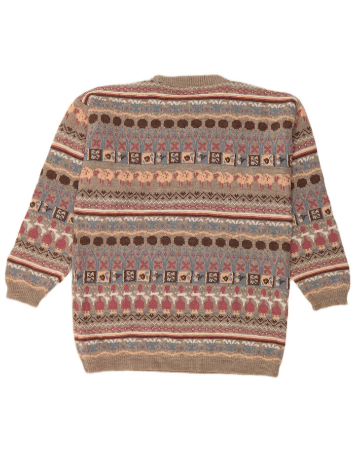 Pulover vintage pentru femei cu decolteu triplu UK 14 Medium Bej Geometric