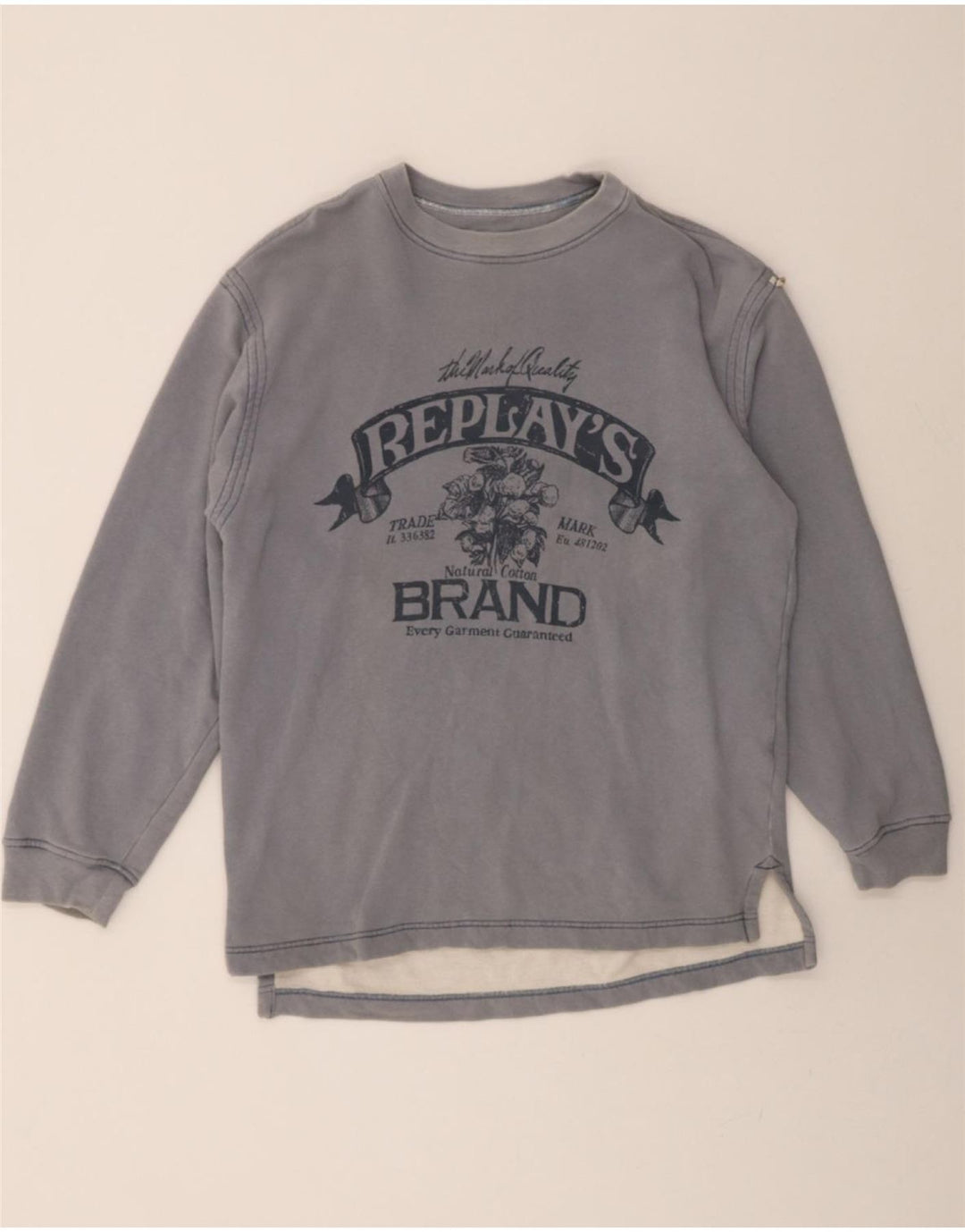 REPLAY Womens Graphic Sweatshirt Jumper UK 14 Medium Blue Cotton Vintage Replay and Second-Hand Replay from Messina Hembry 