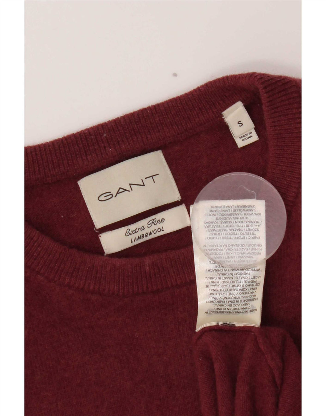 Pulover Gant pentru bărbați cu decolteu rotund, lână de miel, burgundă