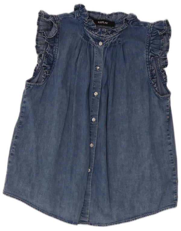 Bluză cămașă denim cu mânecă scurtă pentru femei Replay UK 14 Bumbac albastru mediu