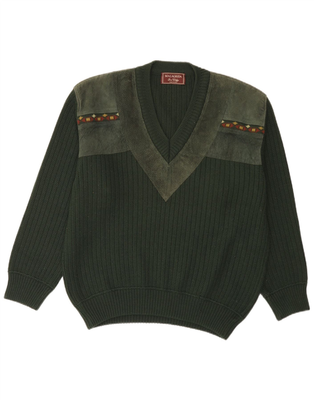 MALAGRIDA Pulover pentru Bărbați cu Guler în V Mărimea L, Verde, cu Model Geometric, Poliacrilic