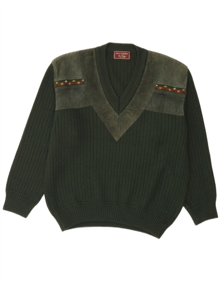 MALAGRIDA Pulover pentru Bărbați cu Guler în V Mărimea L, Verde, cu Model Geometric, Poliacrilic