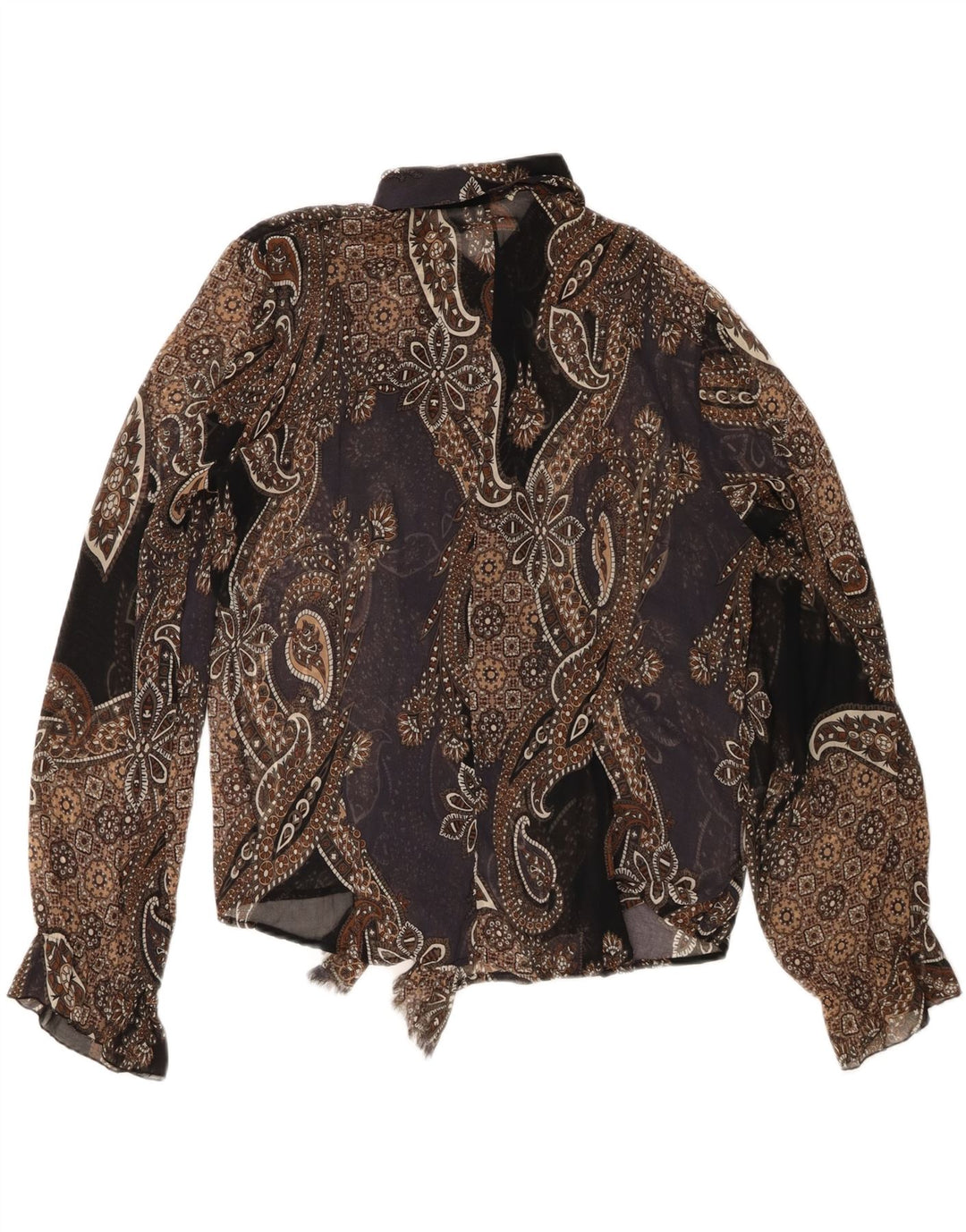Bluză cu cămașă transparentă vintage pentru femei UK 18 XL Maro Poliester Paisley