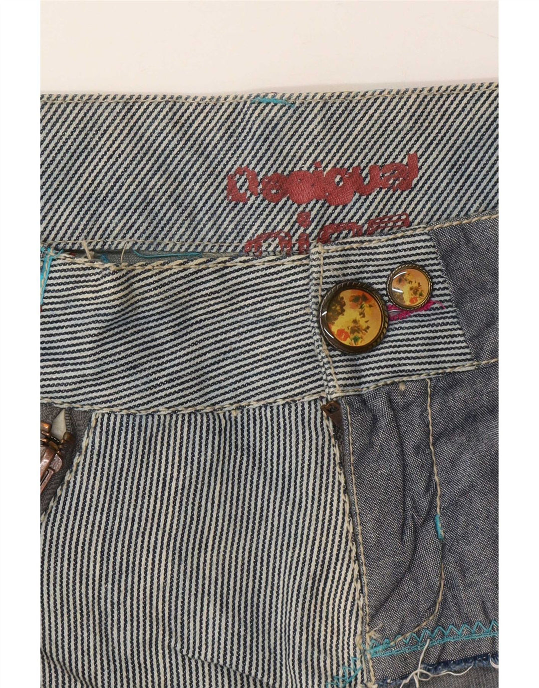 Desigual Womens Regular Shorts EU 36 Small W28 Marine Blue Patchwork Bumbac