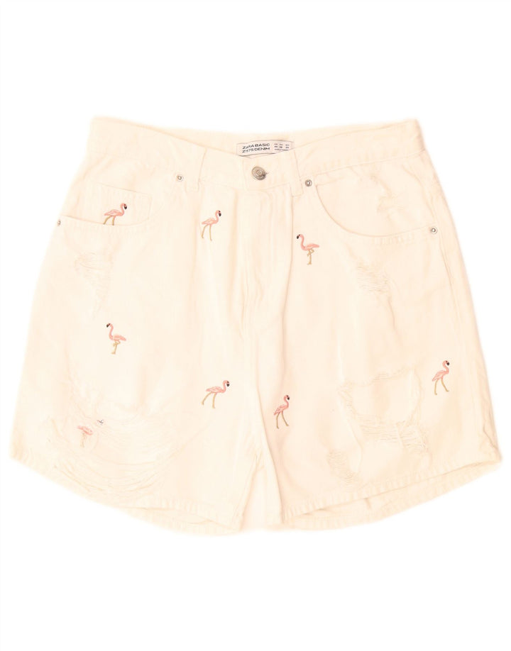 Pantaloni scurți din denim cu model abstract pentru femei Zara EU 40 Medium W28 Off White