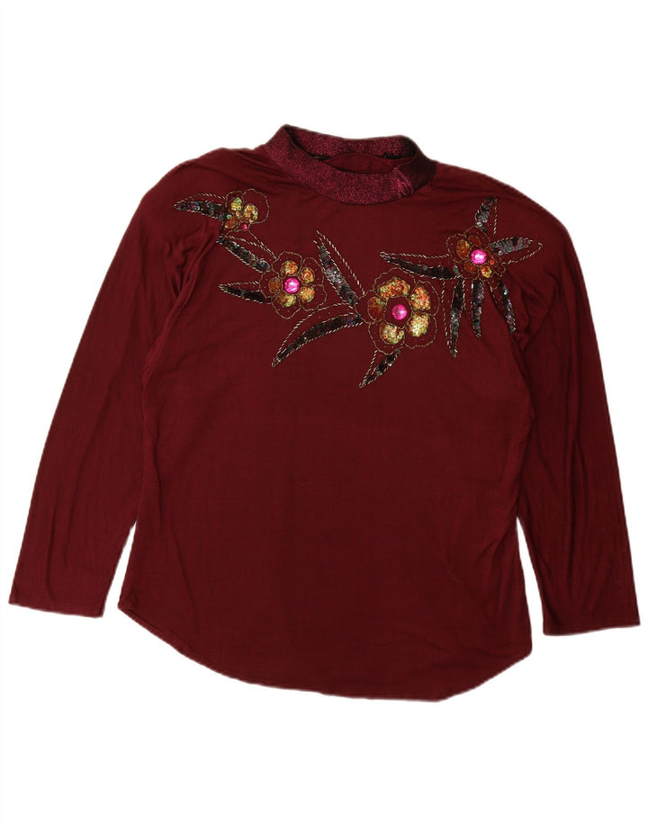 VINTAGE Top pentru femei cu mânecă lungă UK 14 mare Burgundy Floral