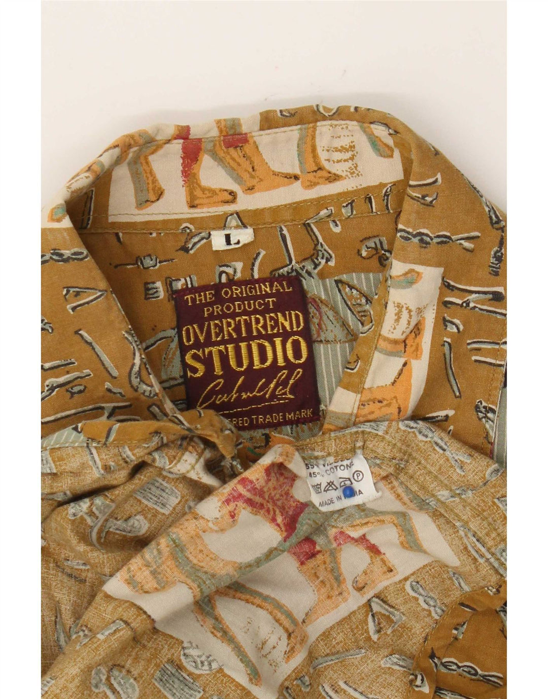 Cămașă vintage cu mânecă scurtă pentru bărbați, kaki mare, patchwork, viscoză