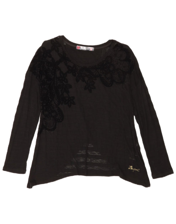 Top grafic pentru femei Desigual cu mânecă lungă UK 12 Medium Black Floral Viscose