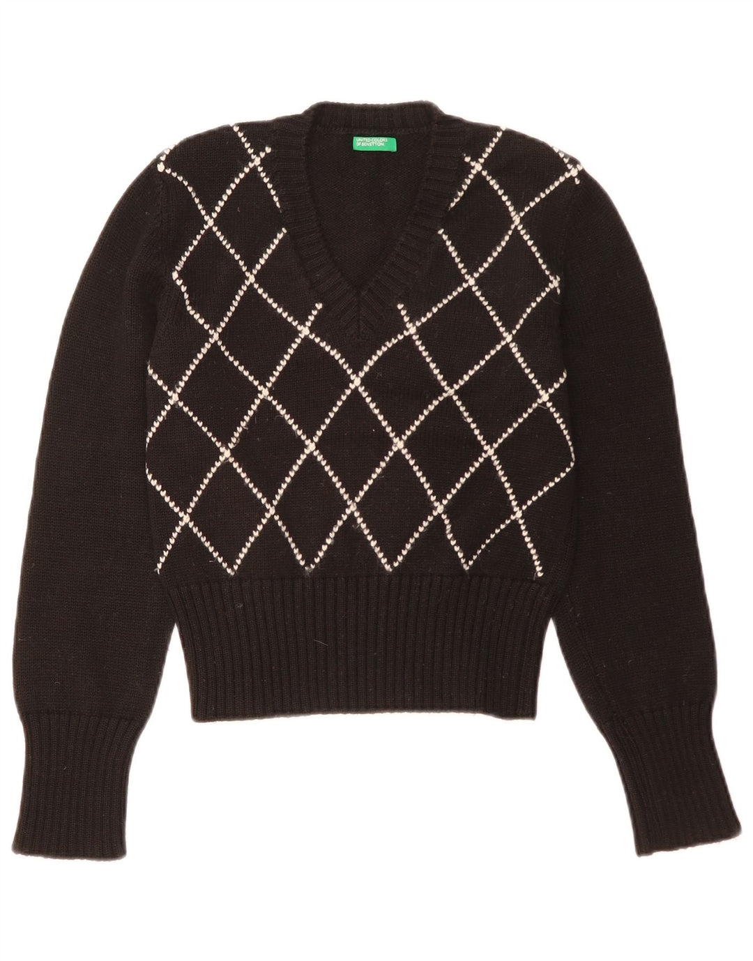 Pulover Benetton pentru femei cu decolteu în V UK 12 Medium Black Argyle/Diamond