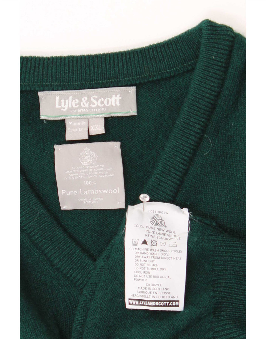 Pulover cu decolteu în V Lyle & Scott pentru bărbați, lână verde 2XL