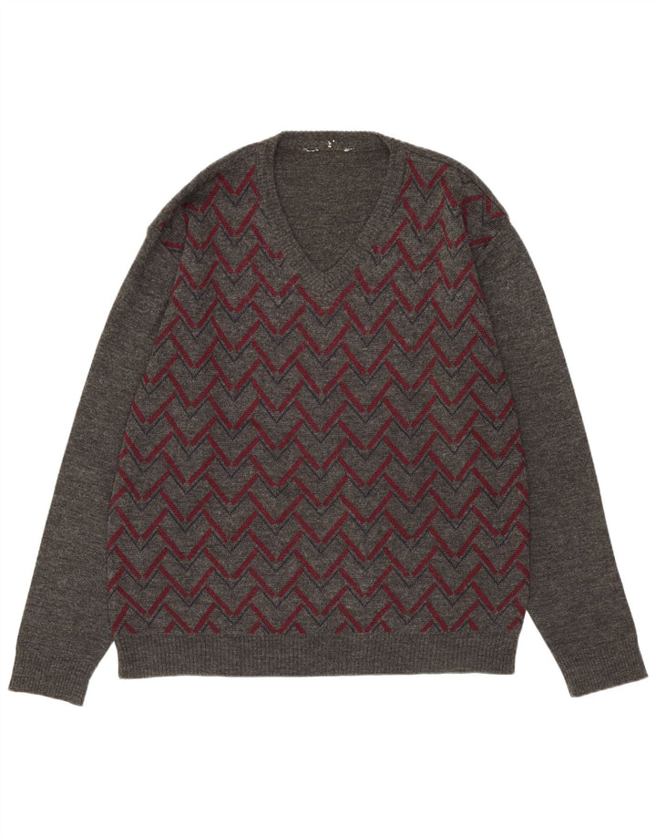 Pulover vintage pentru bărbați cu decolteu în V, gri mediu Argyle/Diamond Acrylic