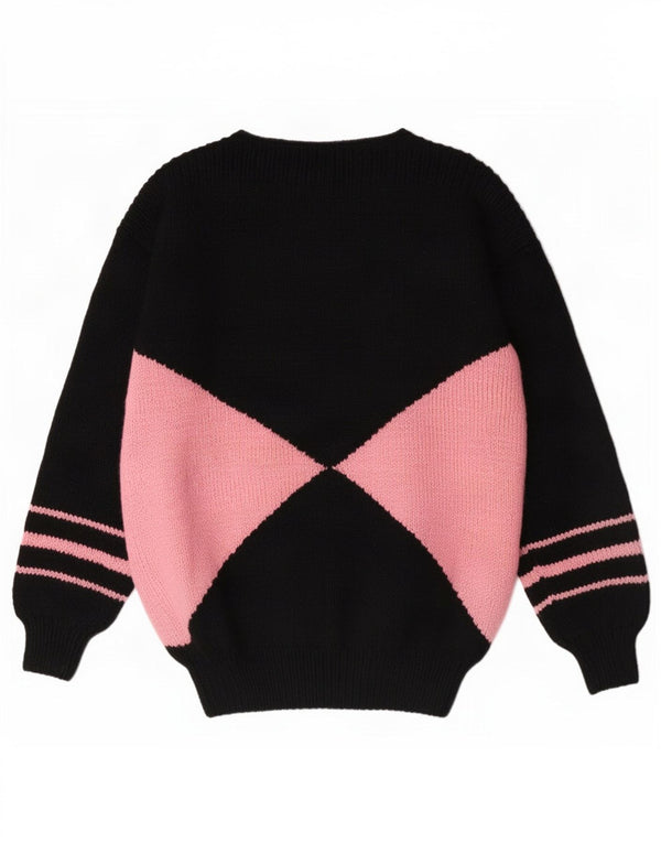 Pulover vintage pentru femei cu gât de barcă UK 12 Medium Black Colorblock
