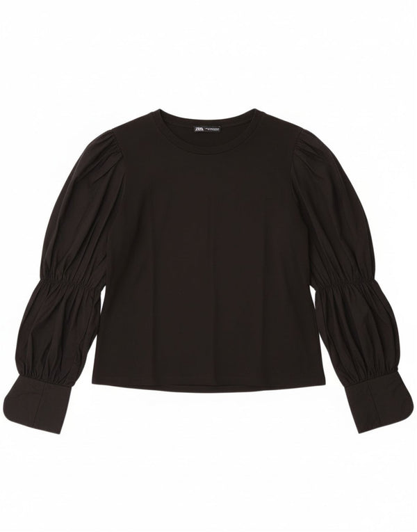 Zara Womens Long Sleeve Blouse Top UK 14 Medium Black Cotton