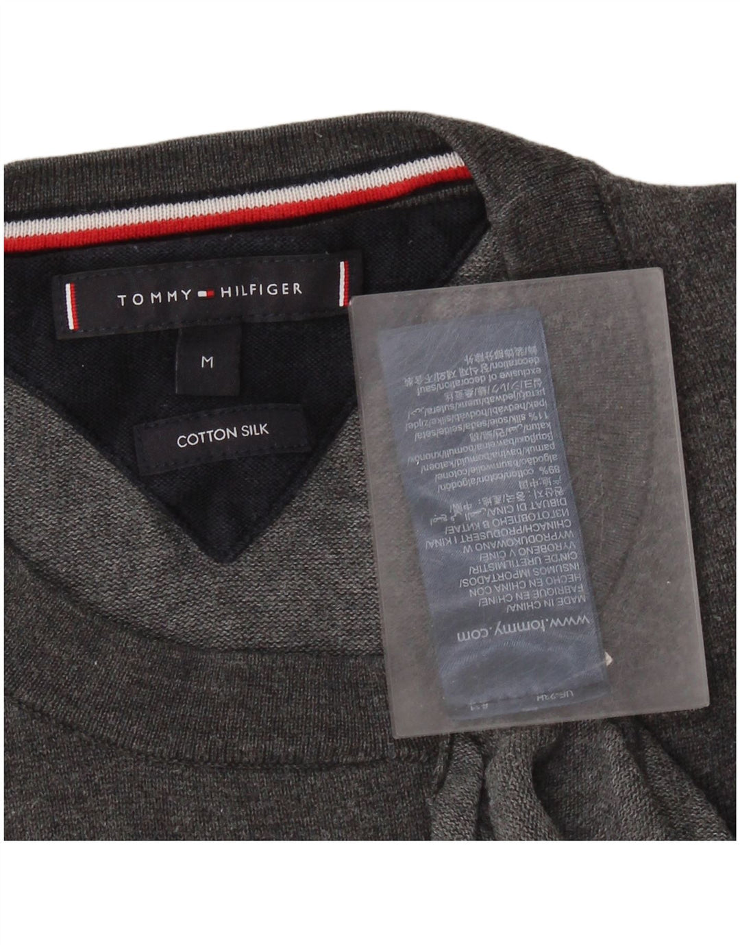 Pulover pentru bărbați TOMMY HILFIGER Pulover cu gât roșu din bumbac mediu gri