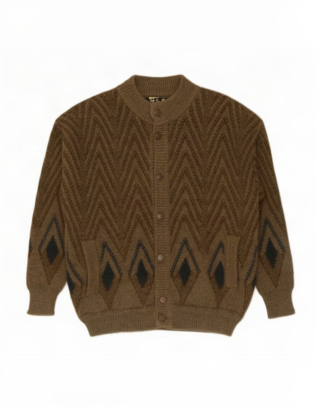 Pulover Cardigan Vintage pentru Barbati Mediu Kaki Geometric Lână