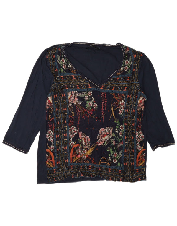 Top grafic pentru femei Desigual cu mâneci 3/4 UK 18 XL Bleumarin Floral