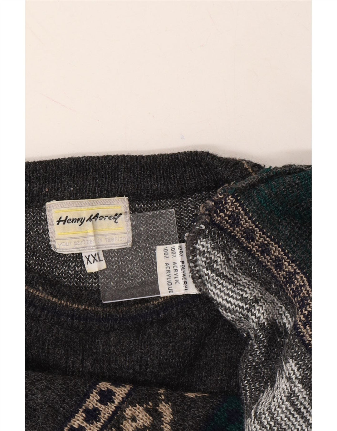 HENRY MORELL Mens Crew Neck Jumper Sweater 2XL Grey Geometric Polyacrylic Vintage Henry Morell and Second-Hand Henry Morell from Messina Hembry 