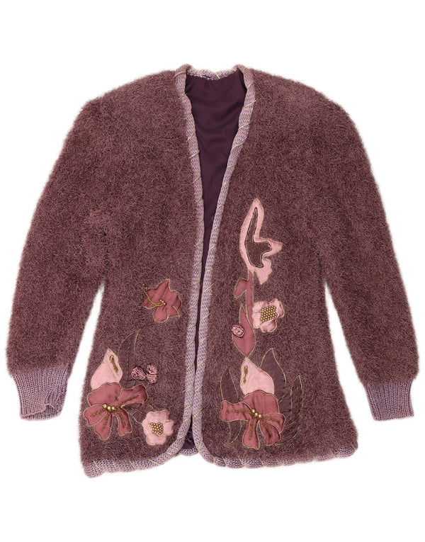 Pulover cardigan deschis cu paragate vintage pentru femei UK 10 mic violet floral