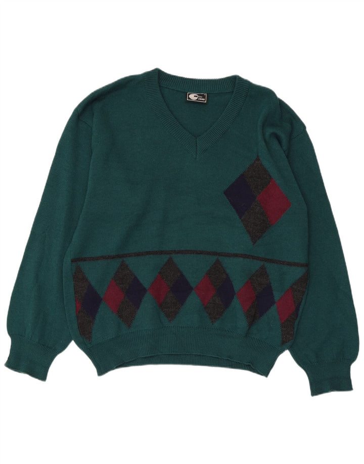 Pulover vintage pentru femei cu decolteu în V IT 50 XL verde Argyle/Lână diamant