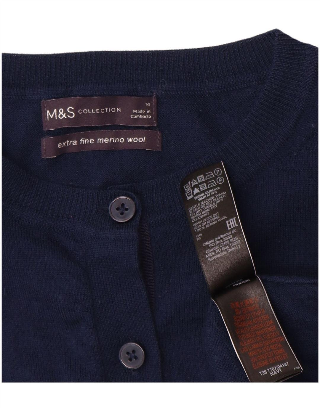 Pulover cardigan pentru femei Marks & Spencer UK 14 Mediu Lână merino bleumarin