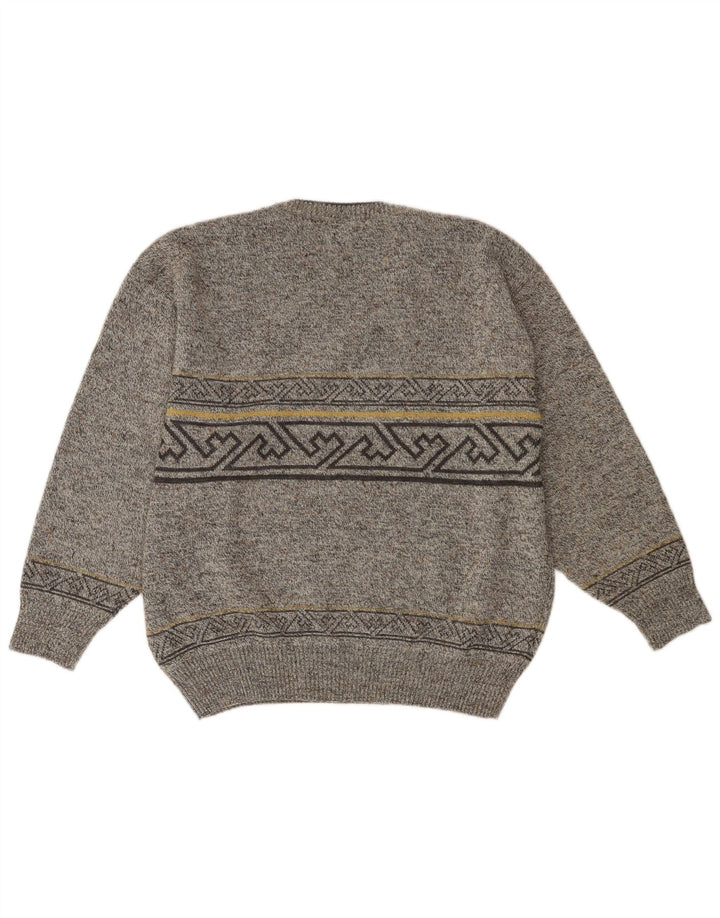 VINTAGE Pulover cu decolteu în V pentru bărbați IT 52 Lână geometrică mare gri