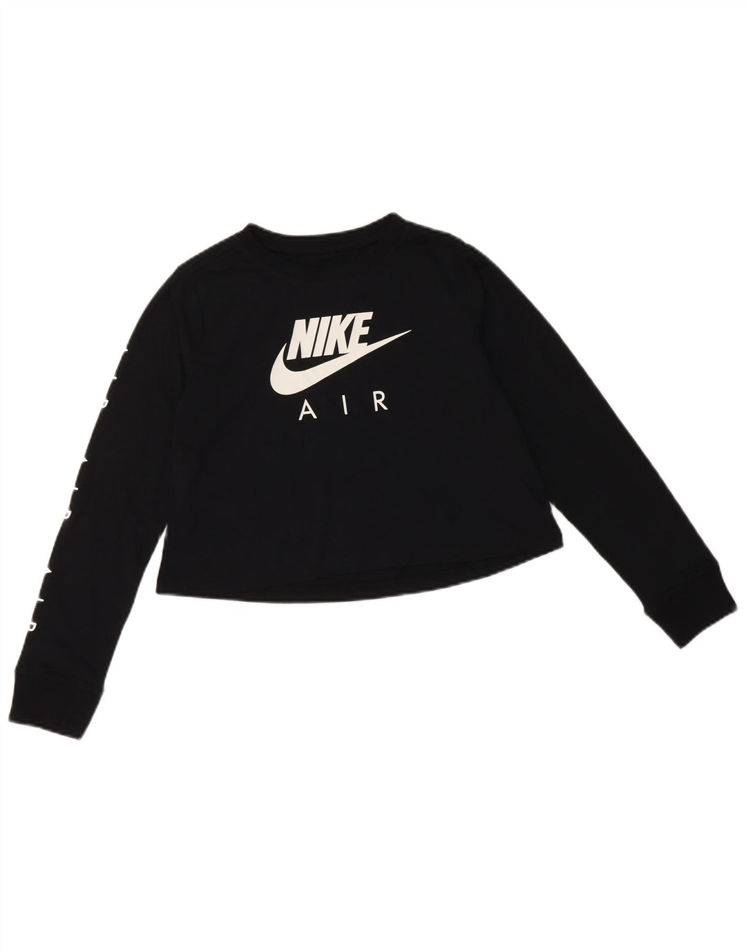 Top cu grafică crop NIKE pentru fete, cu mânecă lungă, 10-11 ani, bumbac mediu negru